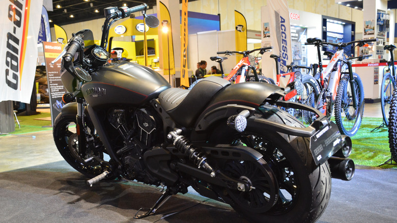 Black Indian Scout motorcycle on display