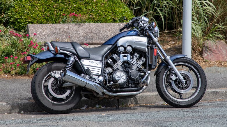 Parked yamaha V max motorcycle