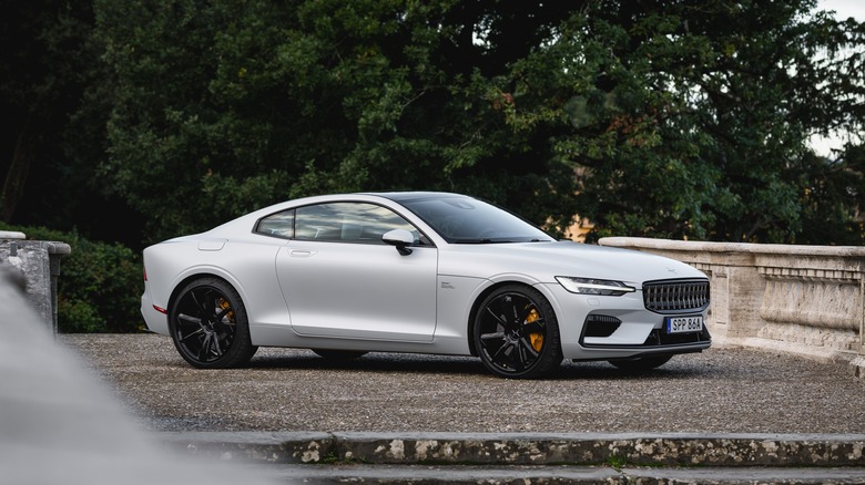 The Polestar 1 in white with black wheels, front 3/4 view