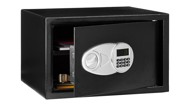 Rectangular black safe with a front keypad