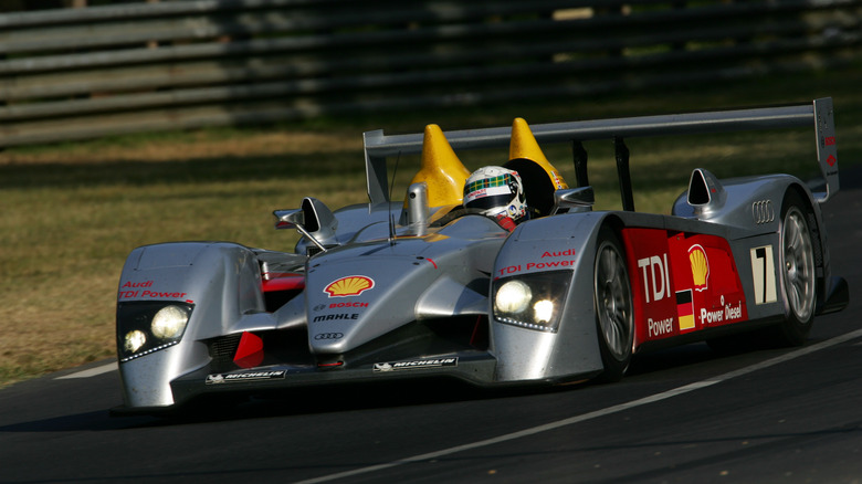 Audi R10 TDI prototype driving on a track