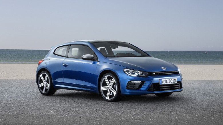 The Volkswagen Scirocco R in blue, front 3/4 view