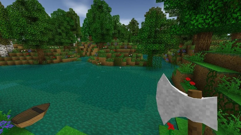 Exploring a forest area in Survivalcraft with an axe