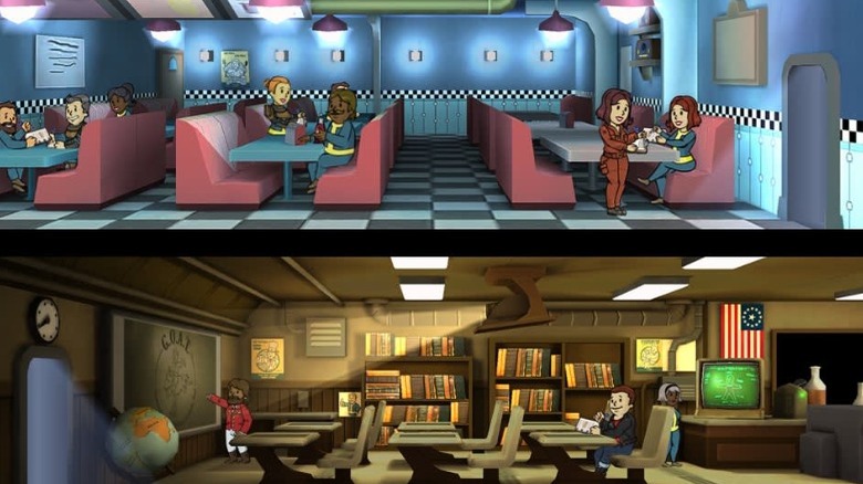 Rooms in a Fallout Shelter vault with dwellers working