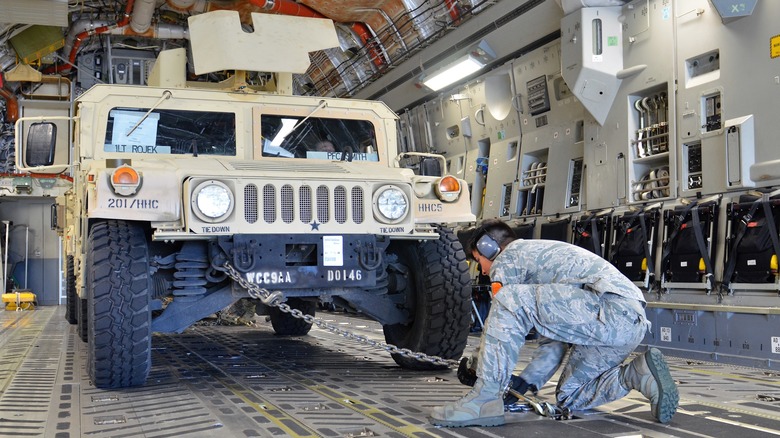 A Humvee on a plane