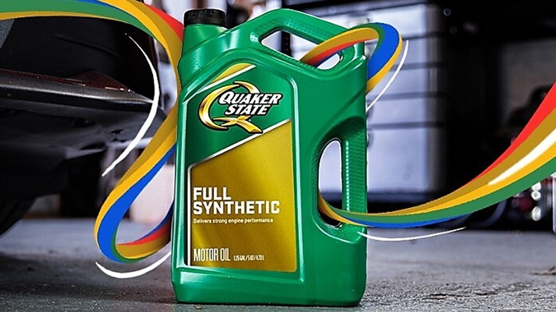 A jug of Quaker State full synthetic oil