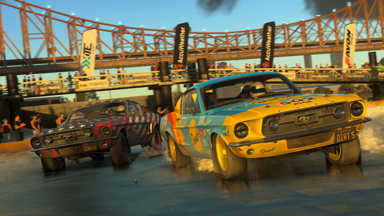 Two Ford Mustangs race in DiRT 5