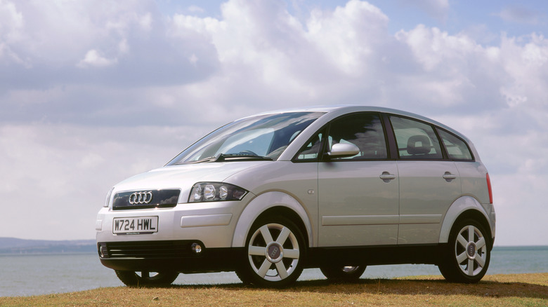 The Audi A2 in silver, front 3/4 view