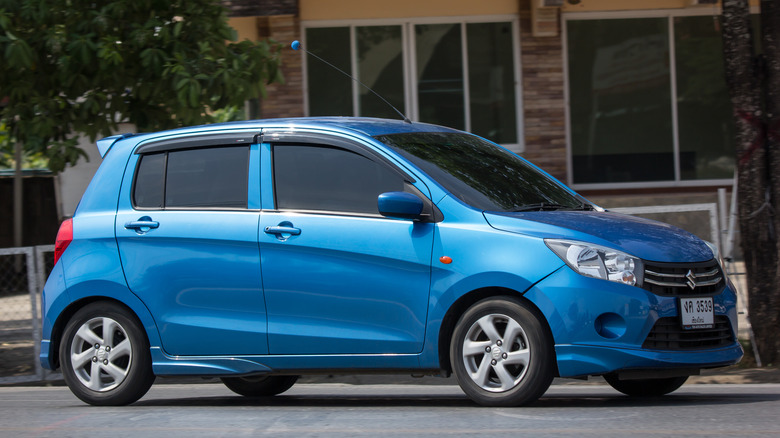 The Suzuki Celerio in blue, front 3/4 view