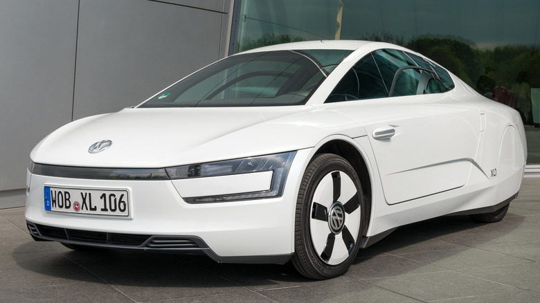 The Volkswagen XL1 in white, front 3/4 view