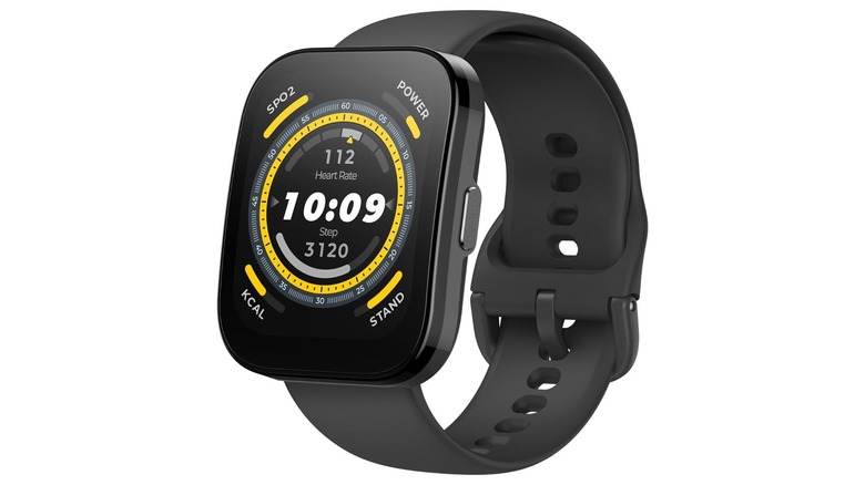 Black smartwatch with yellow numbers and a round dial display