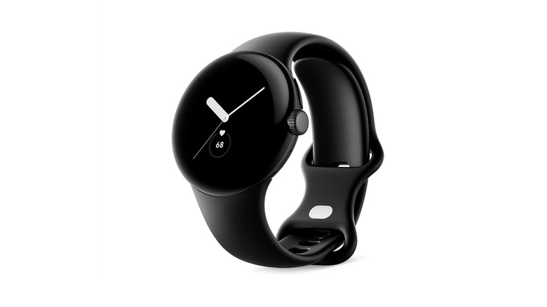 Black smartwatch with analog hands displayed