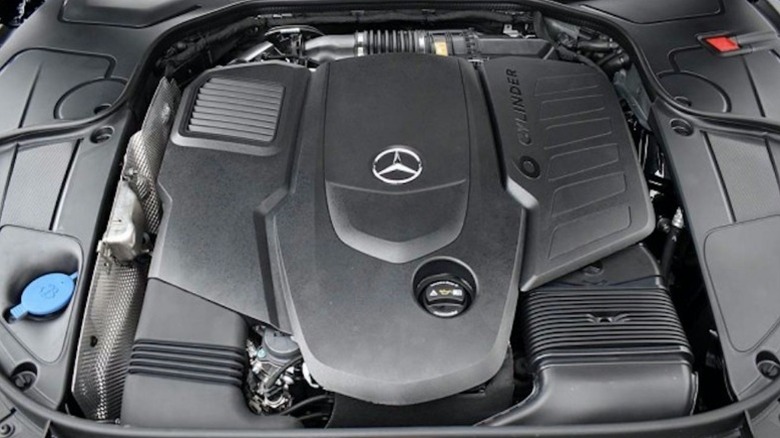 a closeup of a Mercedes-Benz engine.