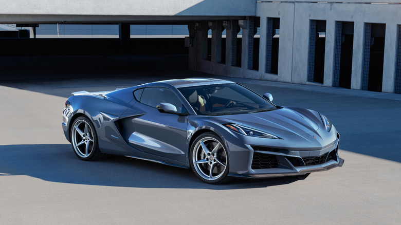 The Chevrolet Corvette E-Ray in gray, front 3/4 view