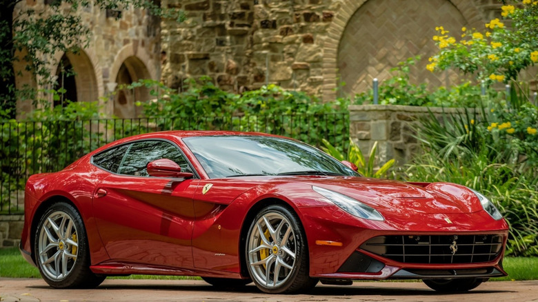 A Ferrari F12berlinetta in red, front 3/4 view