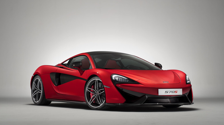 The McLaren 570S in red, front 3/4 view