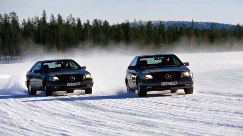 Mercedes-Benz showcasing ESP with two S 600 Coupes on snow in 1995