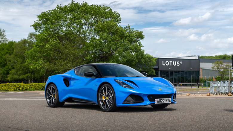 The Lotus Emira in blue, front 3/4 view