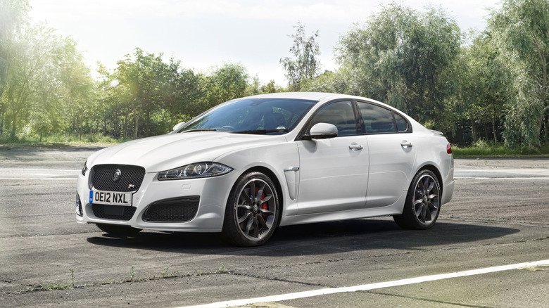 The Jaguar XFR Speed Pack in white, front 3/4 view