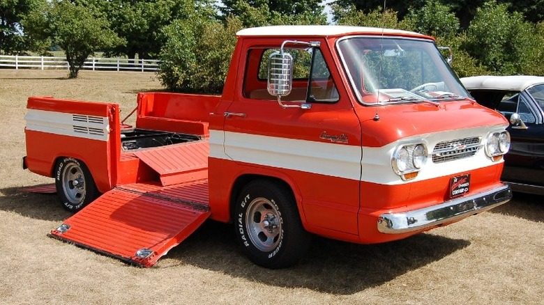 Red and white Chevrolet Corvair 95 Rampside