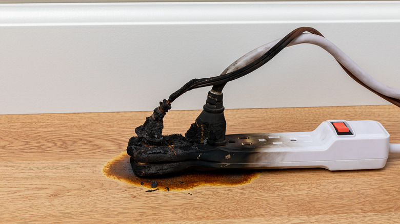 Burnt electric cord due to overloading