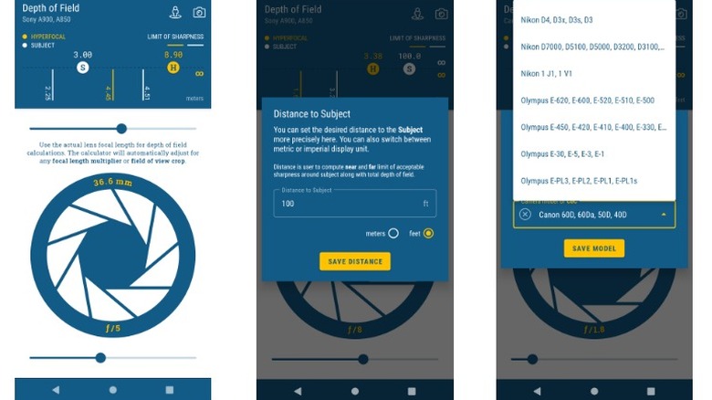 HyperFocal Pro app, 3 screenshots showing functionality