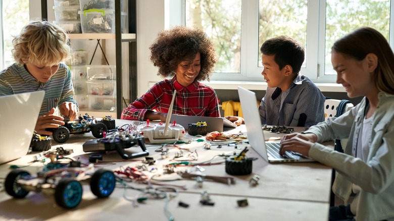 Students building robots