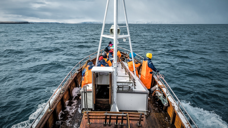 People on a fishing boat in the ocean.