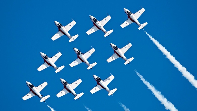 Nine CT-114 Tutors flying in formation