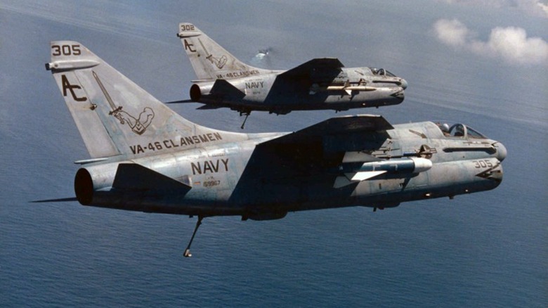 two LTV A-7E Corsair II jets in flight