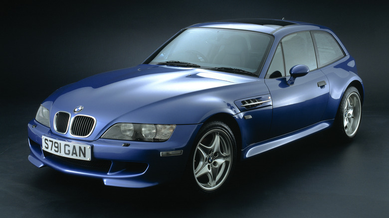 The BMW Z3 M Coupe in blue, front 3/4 view, studio shot