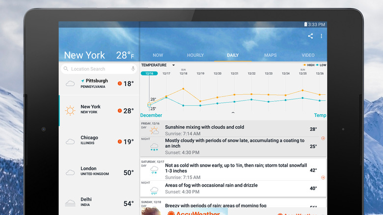 A screenshot of AccuWeather on a Fire tablet