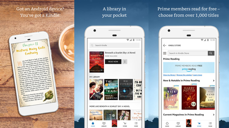 Three Amazon Kindle app screenshots showing various functions