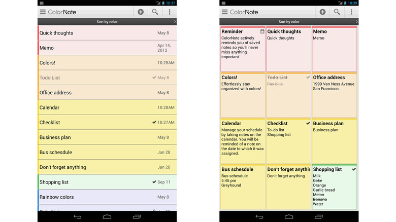 Two screenshots of ColorNote showing the UI and functions