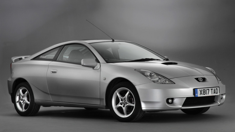 The final generation Toyota Celica in silver, front 3/4 view