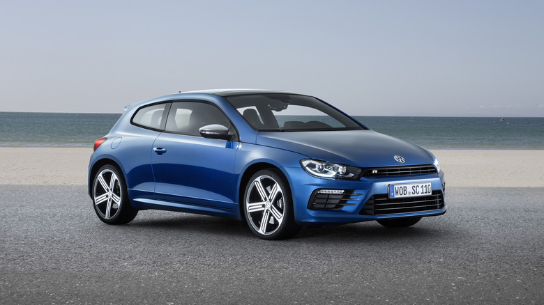 The Volkswagen Scirocco R in blue, front 3/4 view