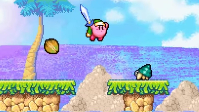 Kirby jumping in the air holding a sword