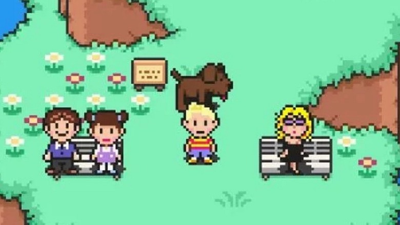 Mother 3 characters standing outside near a bench