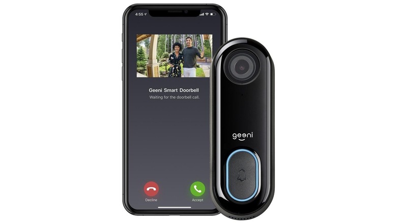 Black digital doorbell with video image displayed on a smartphone