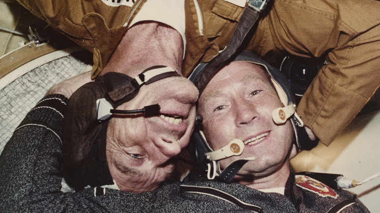 Two crewmen smiling on Apollo-Soyuz Test Project