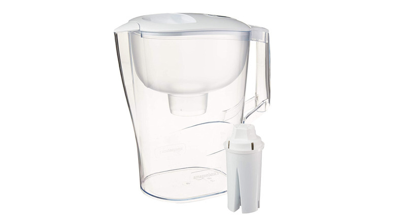 Amazon Basics Water Filter Pitcher with filter on white background.