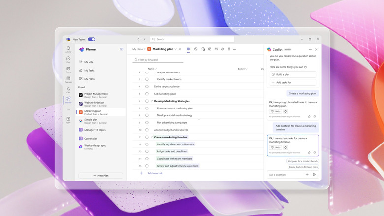 A screenshot of a marketing plan in Microsoft Teams shows a list of subtasks generated by Microsoft Copilot. The Copilot pane is open to the right of the plan.