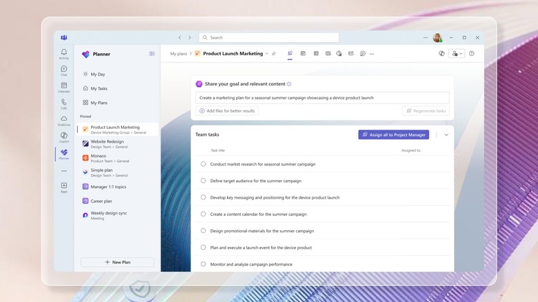 A screenshot of the Planner app in Microsoft Teams shows a list of tasks with a button to the upper right of the task list that reads, "Assign all to Project Manager."