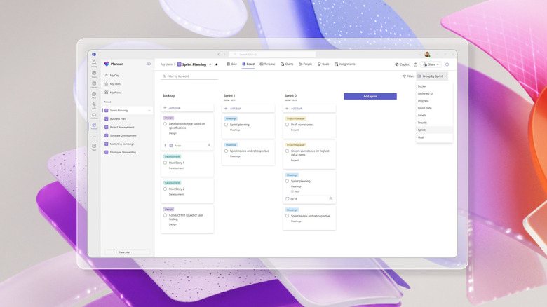 A screenshot of the Sprint feature in the Planner app in Microsoft Teams shows a number of view options along the top: Grid, Board, Timeline, Charts, People, Goals, and Assignments.