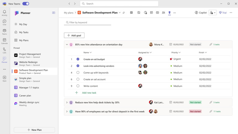 A screenshot of an example of goals within a Software Development Plan in the Microsoft Planner tab in Microsoft Teams.