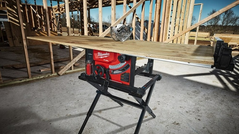 sheet of plywood on Milwaukee table saw