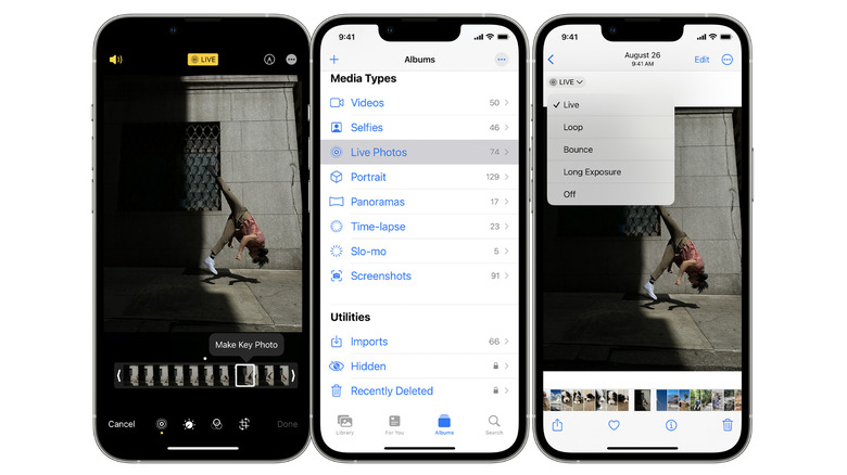 three iPhone screens with Live Photo camera settings 