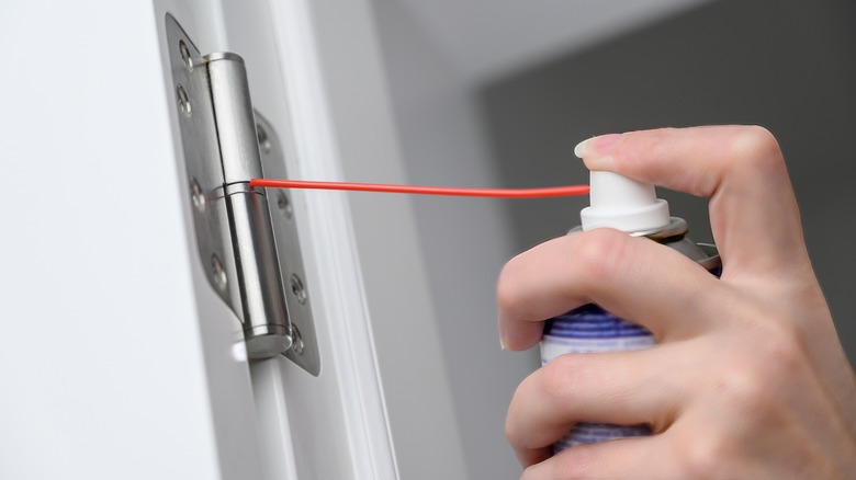 Person lubing a door hinge