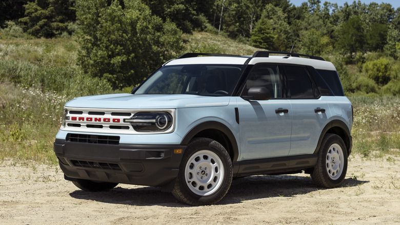 The Bronco Sport Heritage Edition in Robin's Egg Blue, front 3/4 view