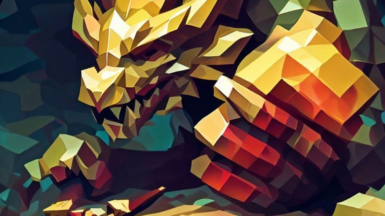 Cubist dragon protecting its gold from adventurers Bing AI art